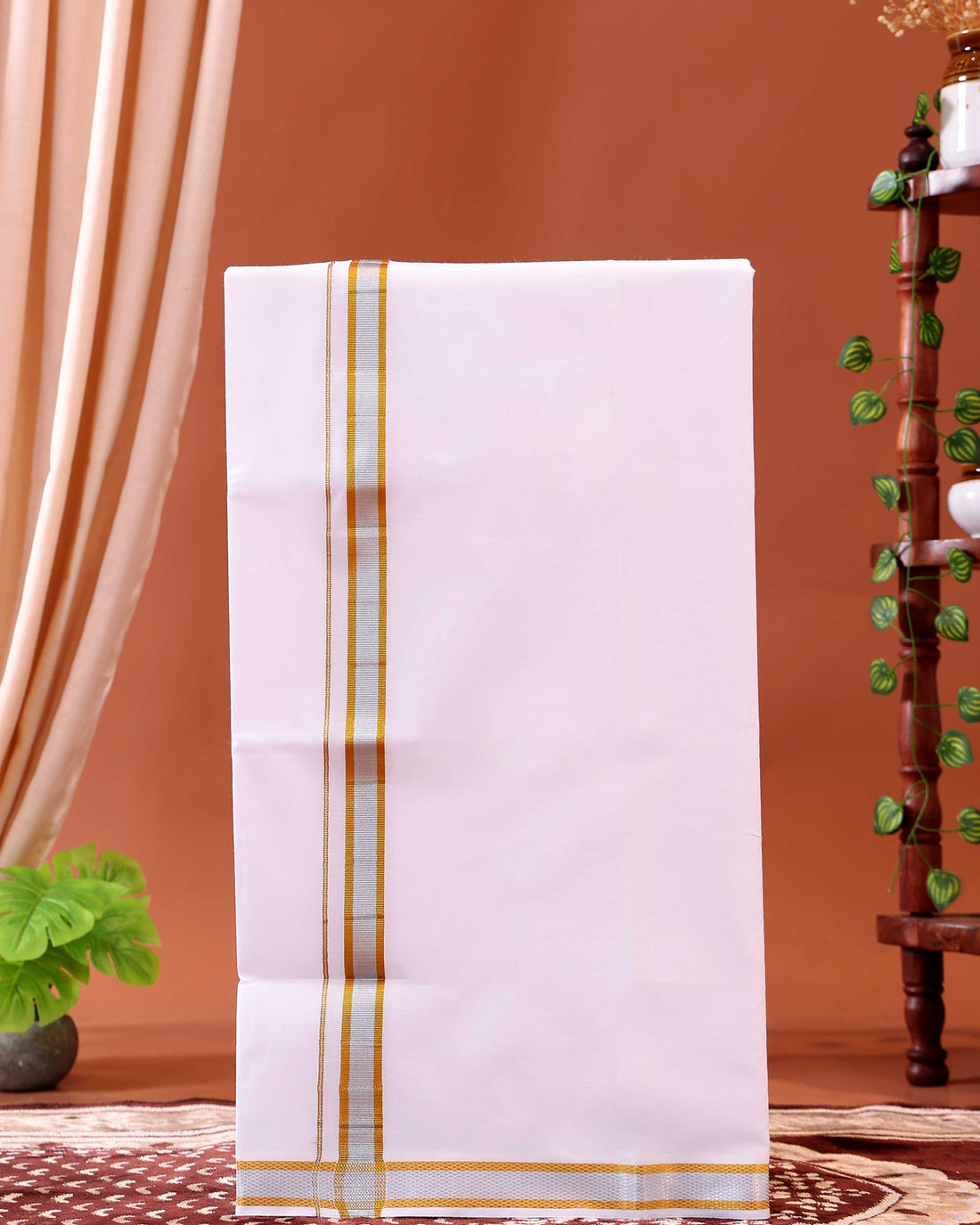 Men’s Traditional Handloom Cotton Dhoti with Silver& Gold Border - White
