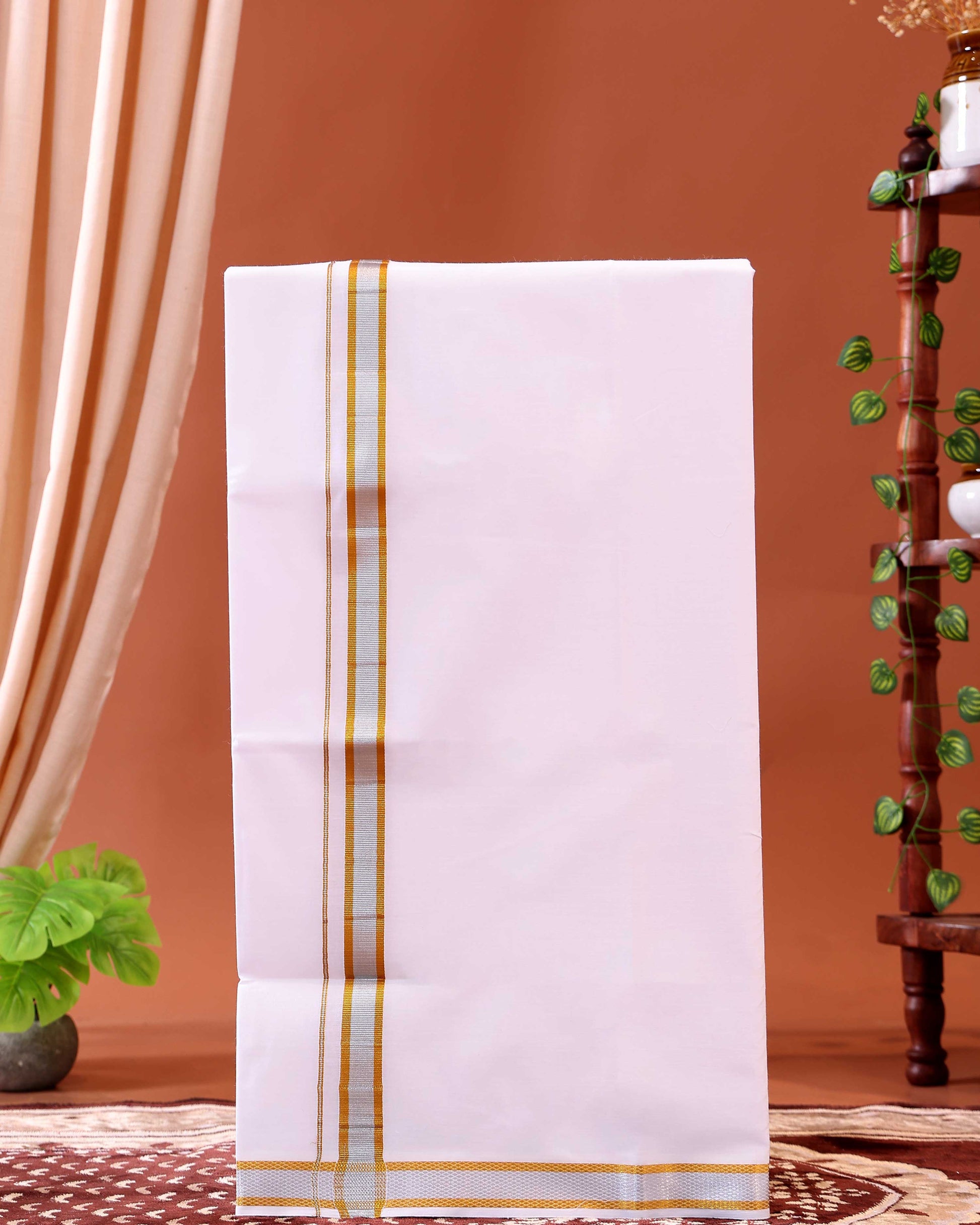 Men’s Traditional Handloom Cotton Dhoti with Silver& Gold Border - White