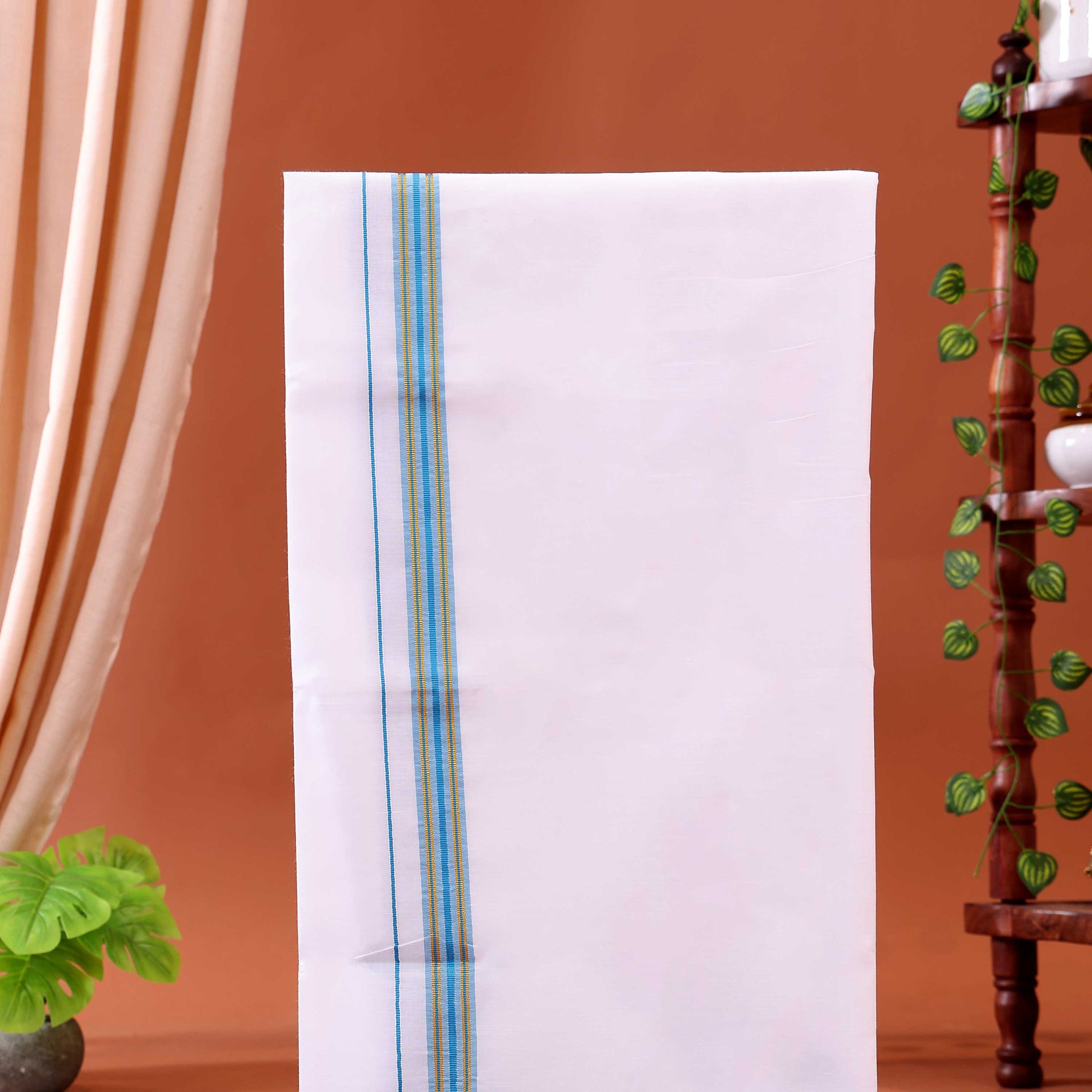 Men’s Traditional Handloom Cotton Dhoti with Teal Border - White 