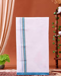 Men’s Traditional Handloom Cotton Dhoti with Teal Border - White 