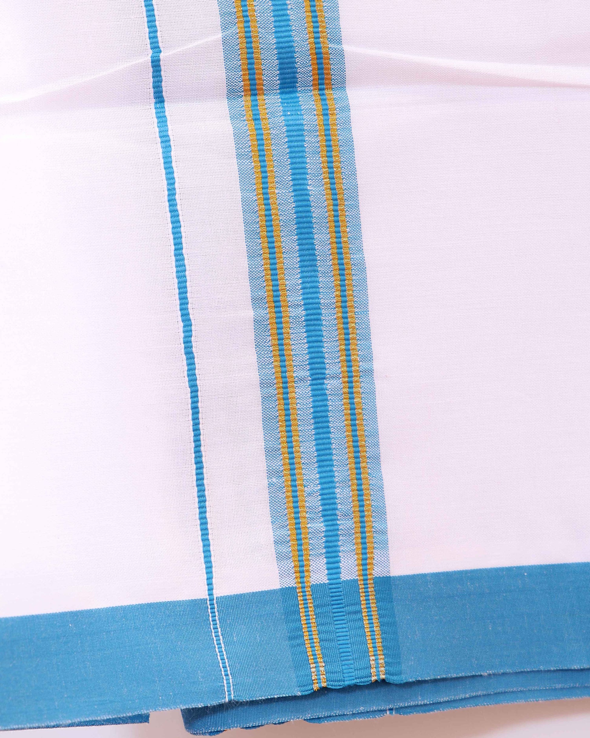 Men’s Traditional Handloom Cotton Dhoti with Teal Border - White 