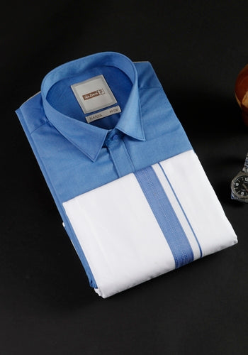 Men's Blue Traditional Regular Fit Shirt & Dhoti Set