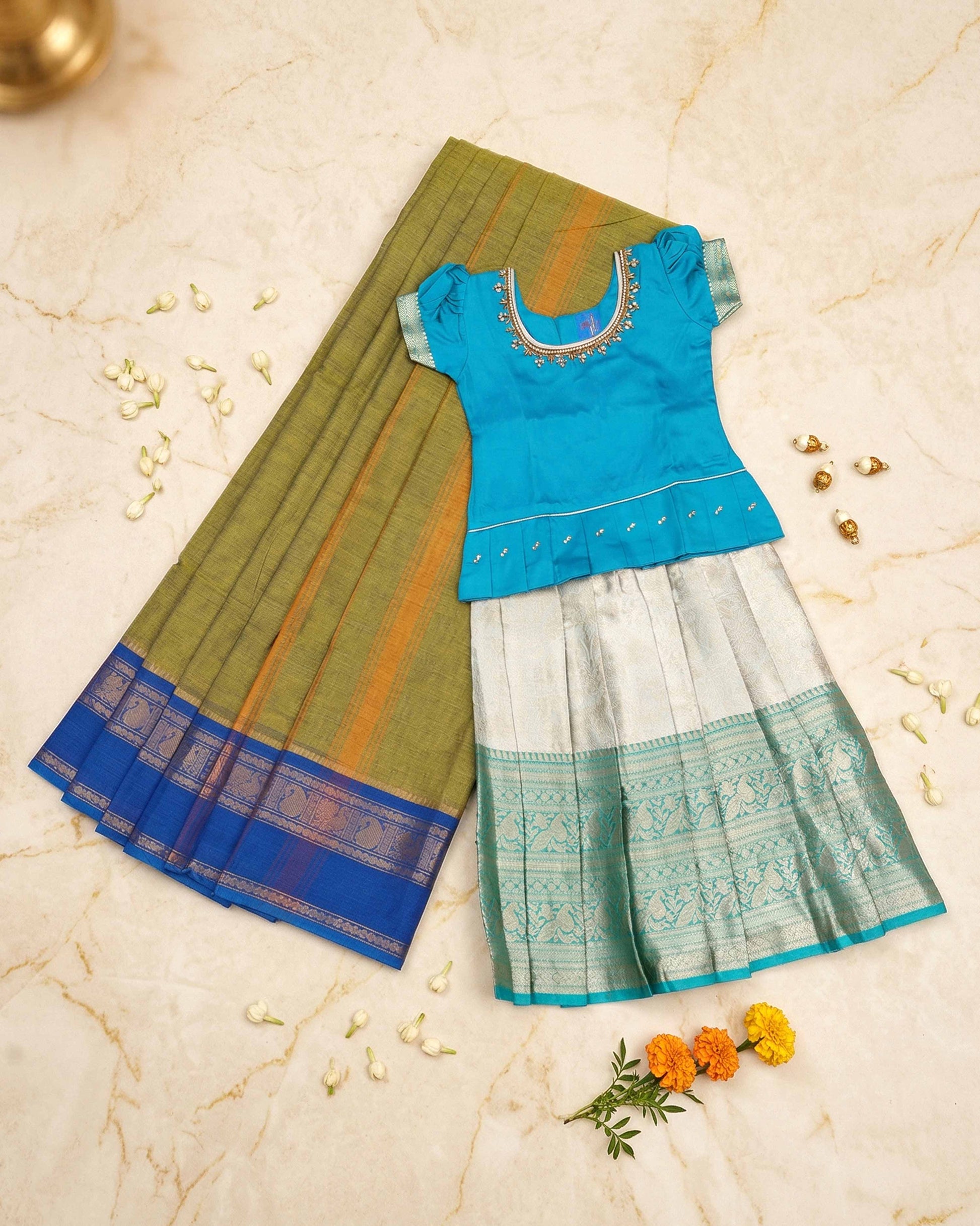 Mother Daughter Matching Silk Saree and Pattu Pavadai Set