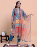 Women's Ethnic Motif Printed Kurta with Pants and Dupatta Set - Blue