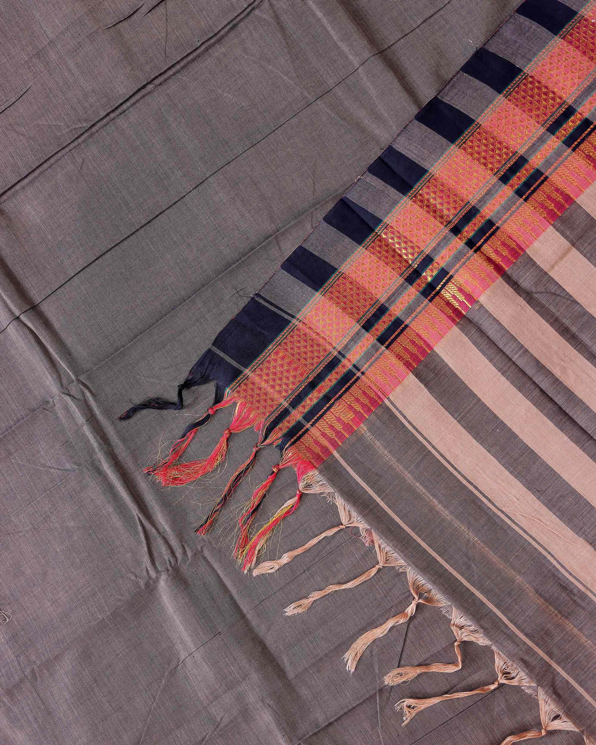 Traditional Narayanpet Cotton Saree with Rich Zari Woven Geometric Border Temple Accents & Classic Handloom Texture - Grey