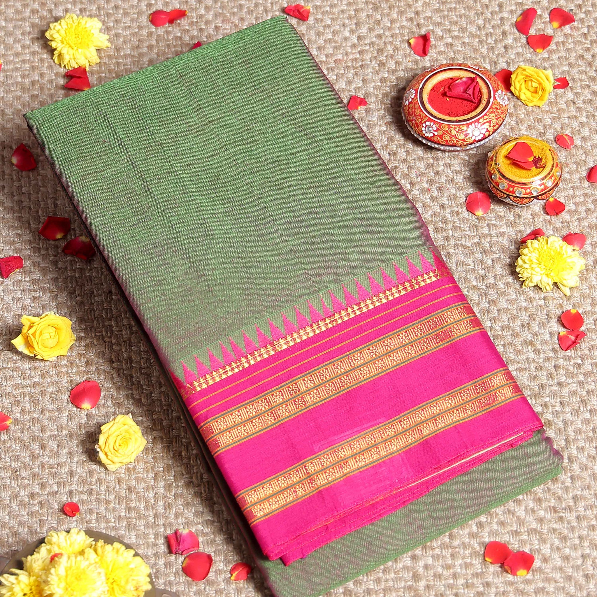 Traditional Narayanpet Cotton Saree with Temple Border Design Handloom Weave & Contrast Zari Accents - Green