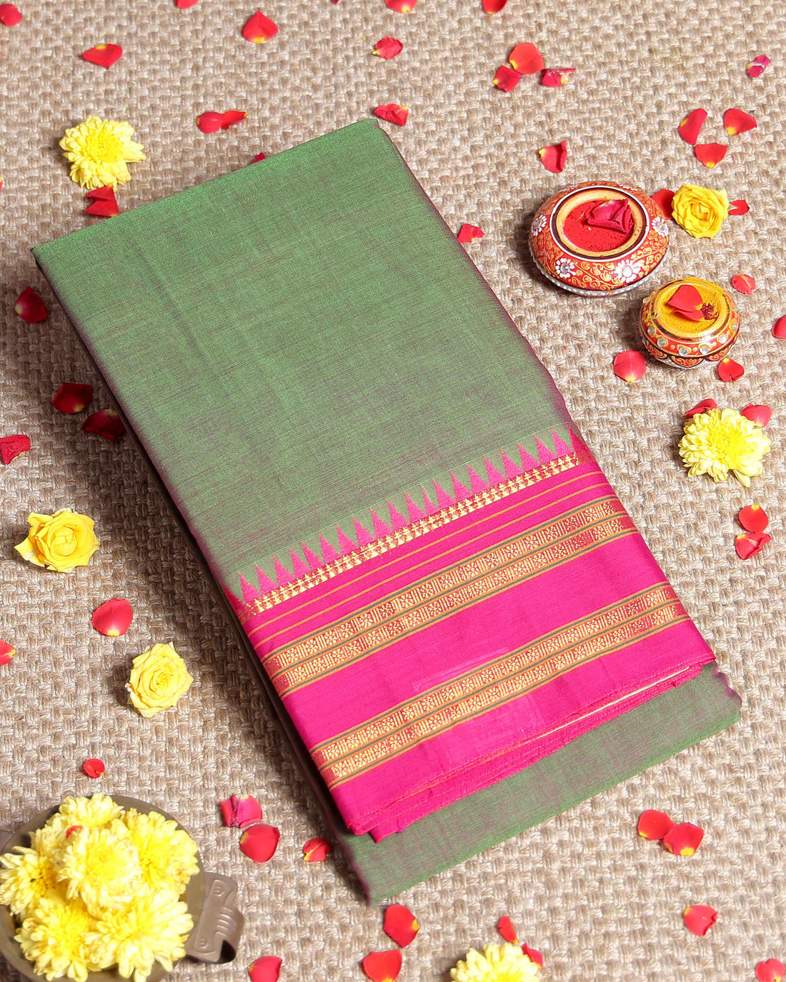 Traditional Narayanpet Cotton Saree with Temple Border Design Handloom Weave & Contrast Zari Accents - Green