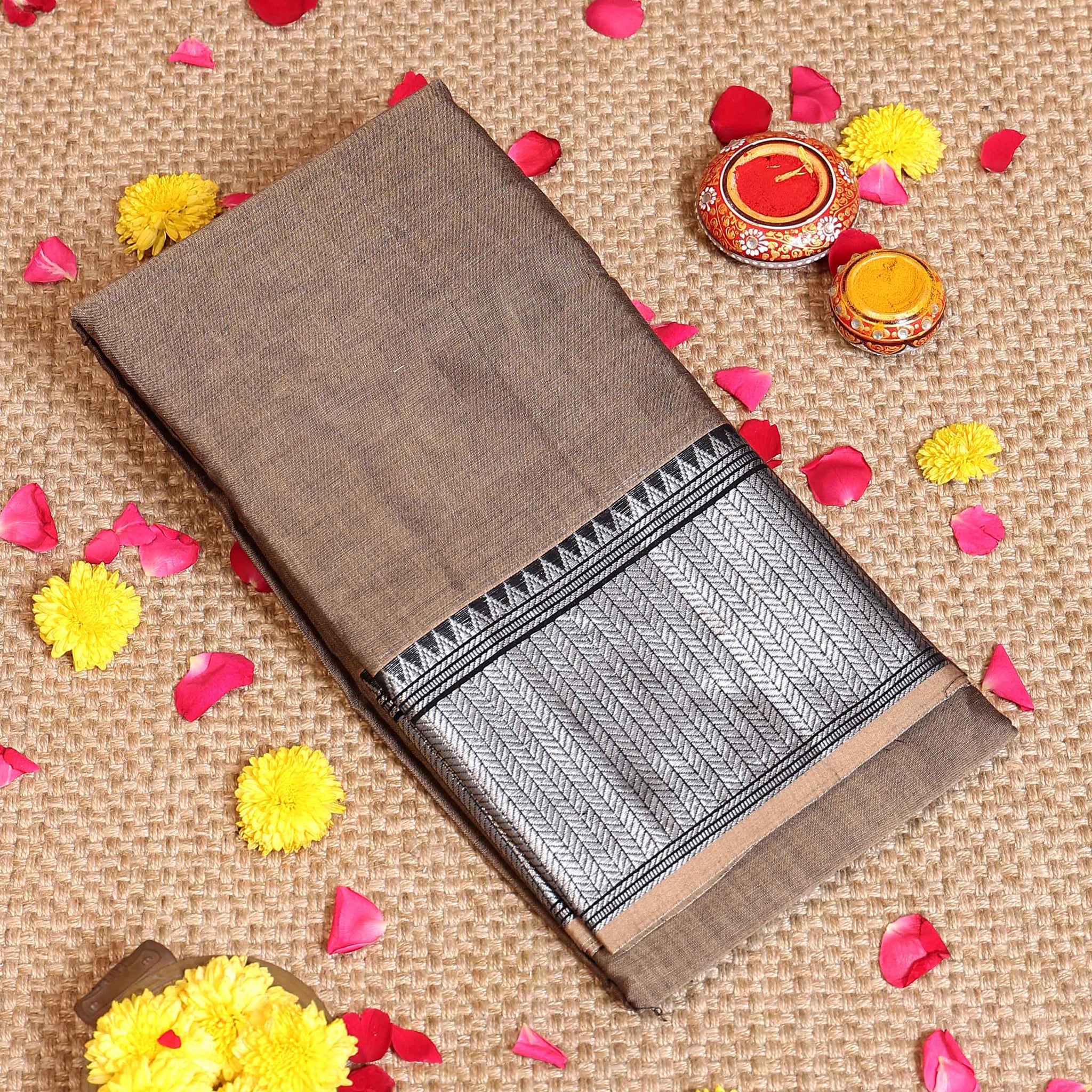 Elegant Handloom Narayanpet Cotton Saree with Traditional Woven Border - Brown