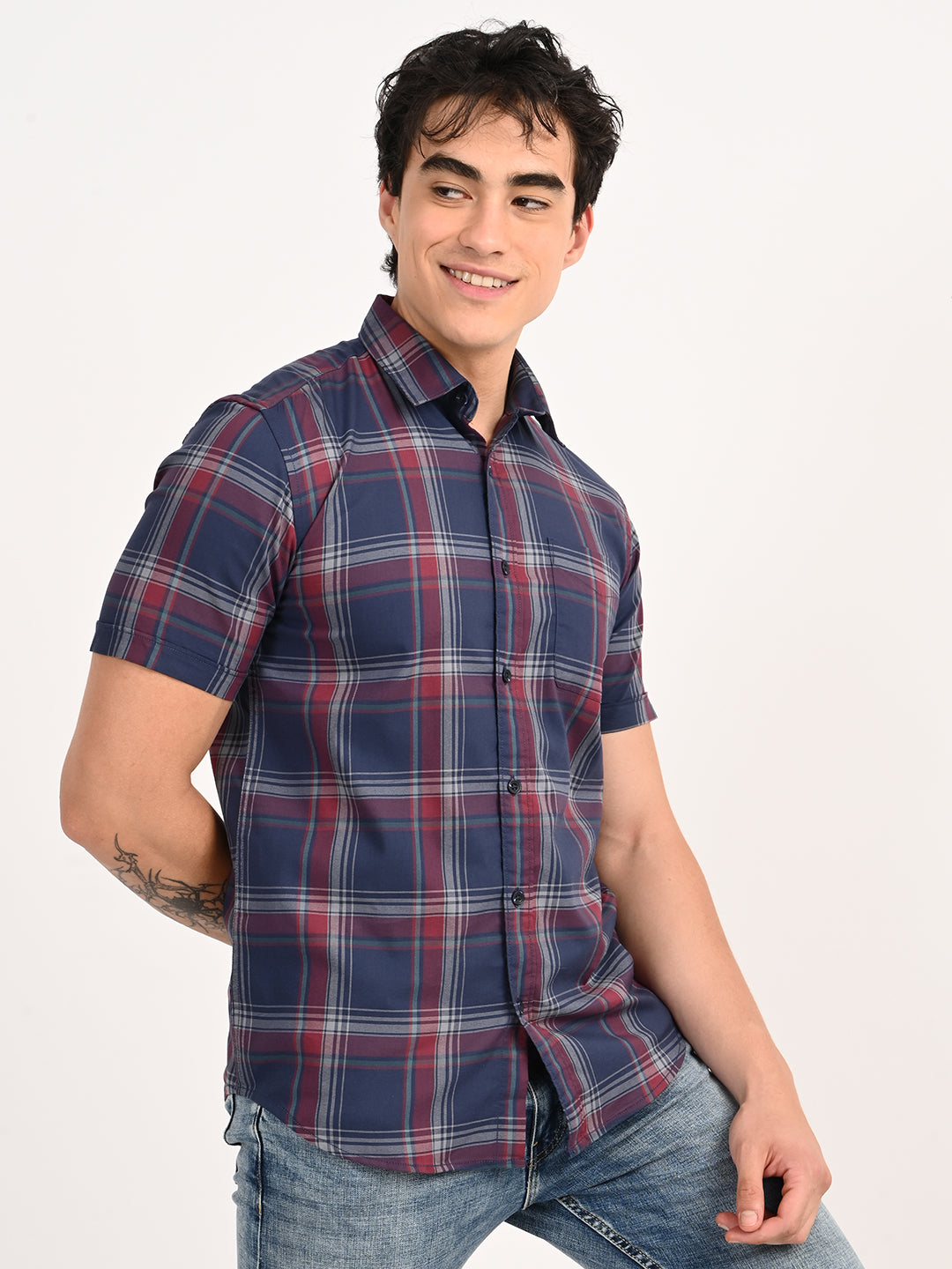 Men’s Native Bull Checked Half Sleeve Casual Shirt with Button Down Collar - Blue