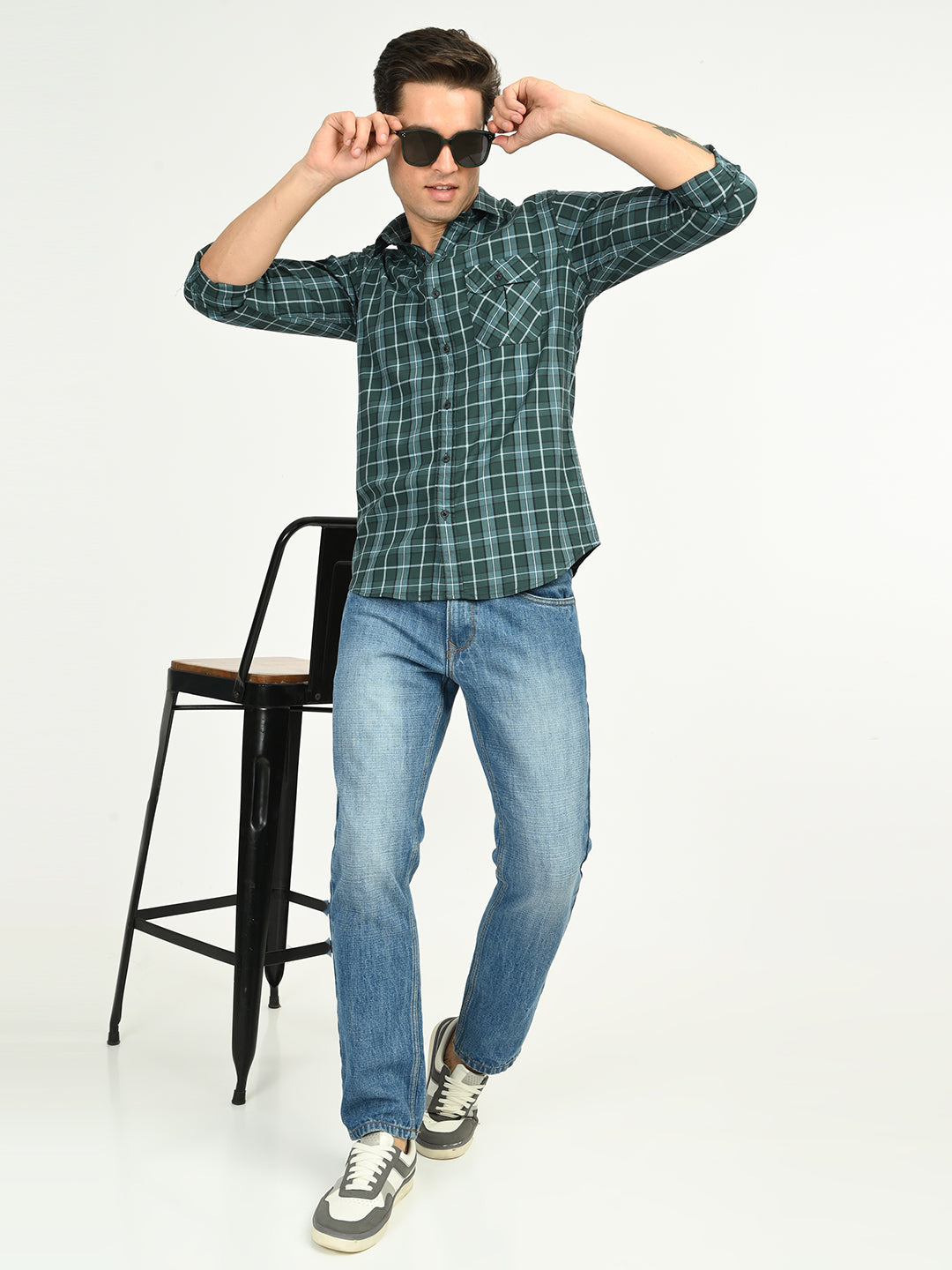 Men’s Native Bull Men's Classic Checkered Slim Fit Casual Shirt with Patch Pocket - Green
