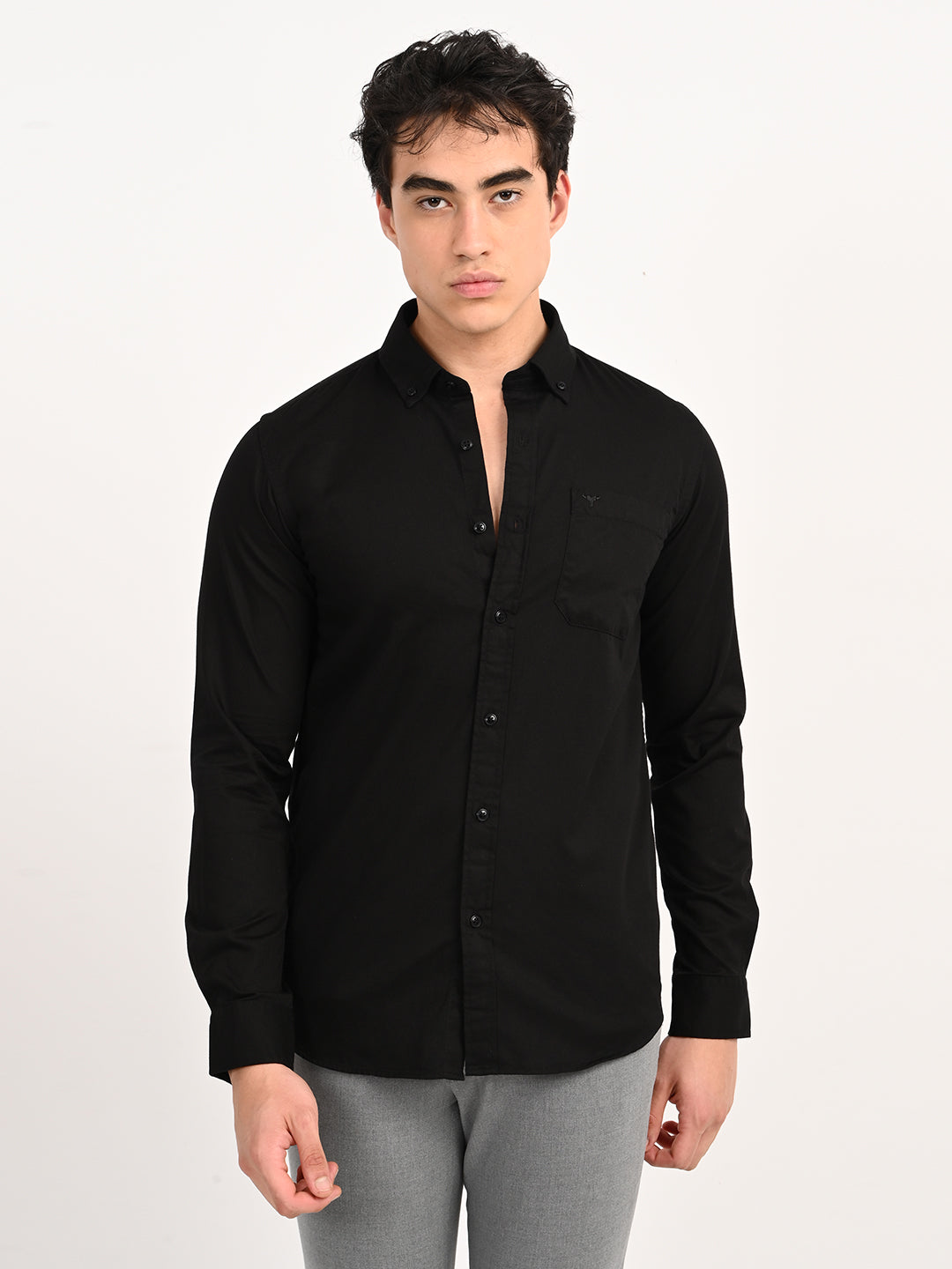 Men’s Native Bull Solid Casual Shirt with Full Sleeves and Chest Pocket - Black
