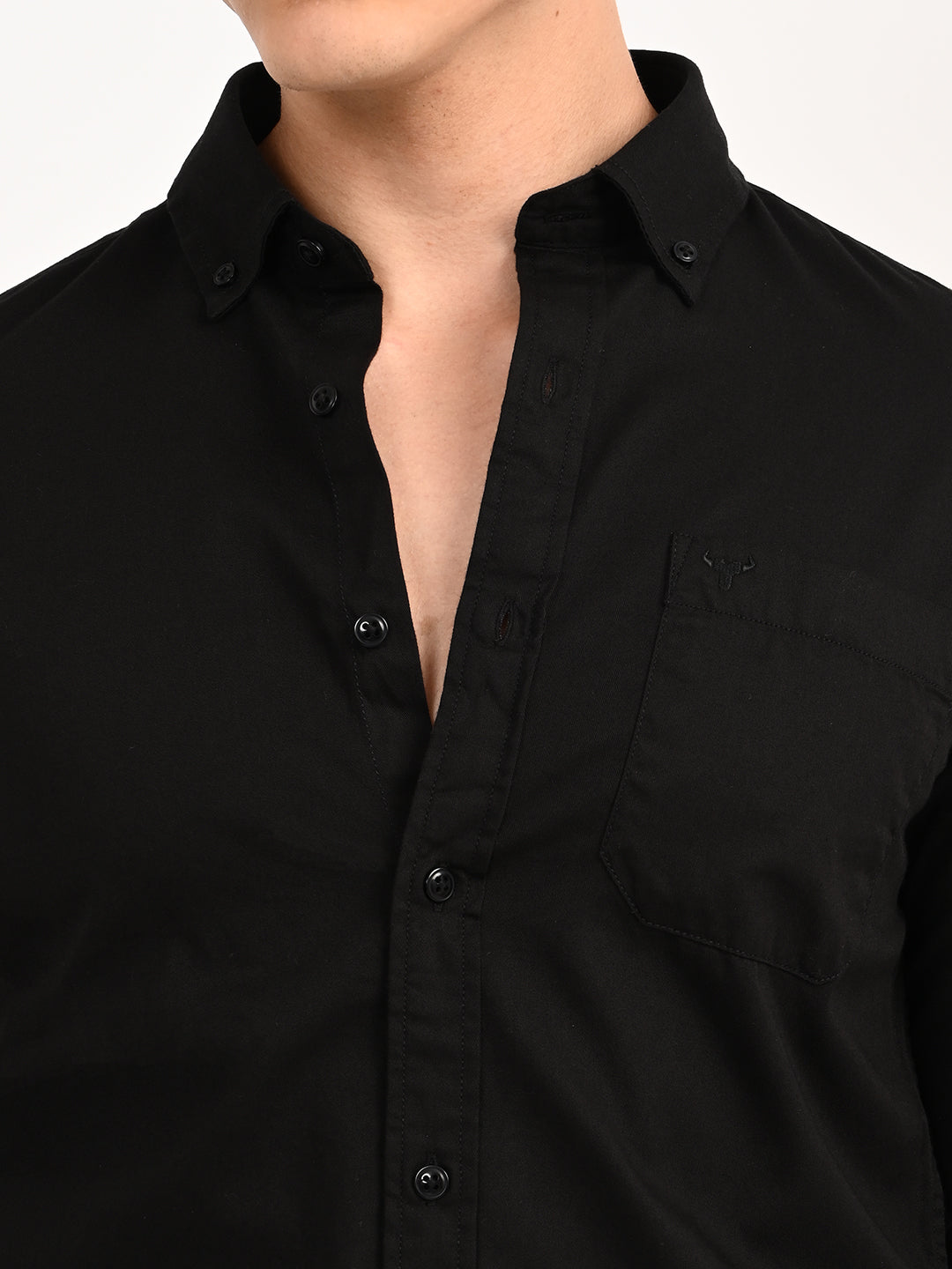Men’s Native Bull Solid Casual Shirt with Full Sleeves and Chest Pocket - Black