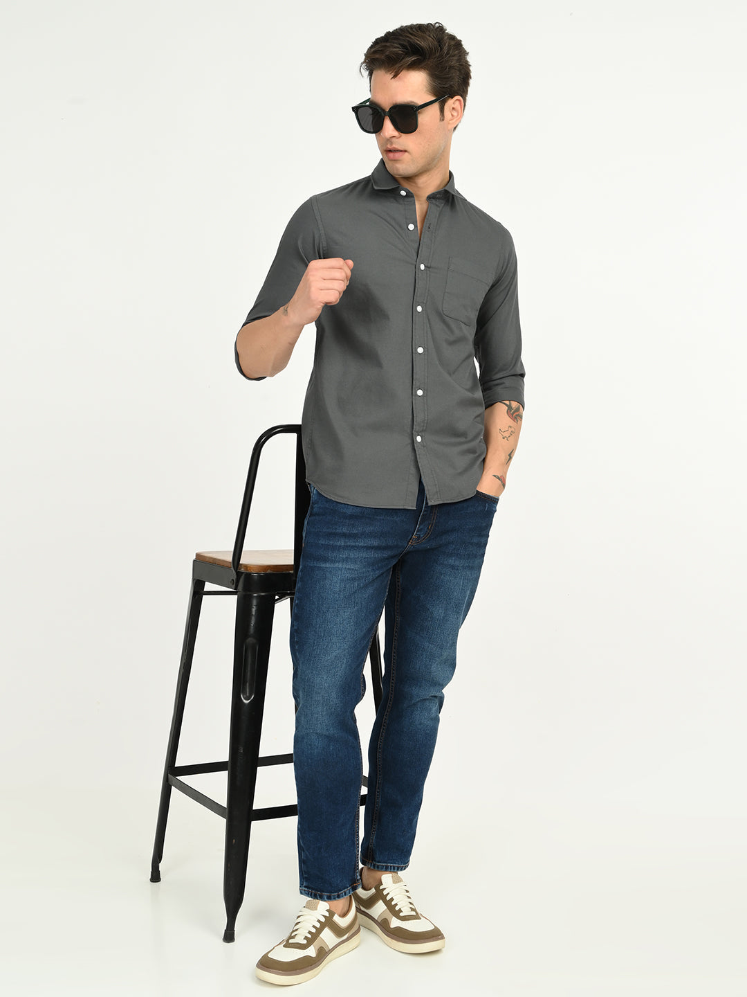 Men’s Native Bull Solid Casual Shirt with Full Sleeves and Chest Pocket - Grey