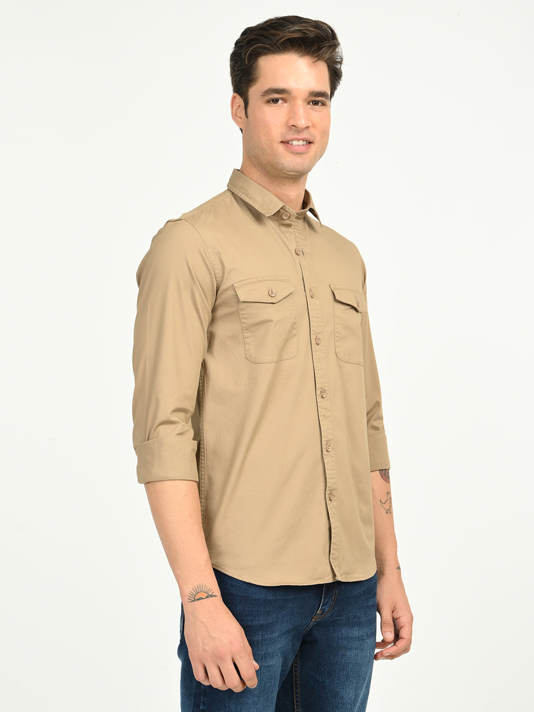 Men’s Native Bull Solid Double Pocket Casual Shirt with Full Sleeves and Button Down Collar - Light Brown