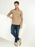 Men’s Native Bull Solid Double Pocket Casual Shirt with Full Sleeves and Button Down Collar - Light Brown