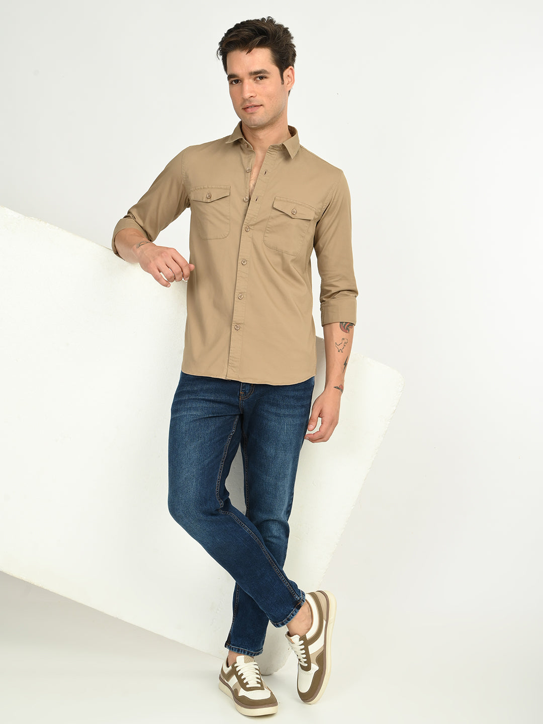 Men’s Native Bull Solid Double Pocket Casual Shirt with Full Sleeves and Button Down Collar - Light Brown