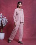 Women’s Cotton Striped Nightwear Set Short Sleeve Round Neck Top with Full Length Pajama Pants, Peach