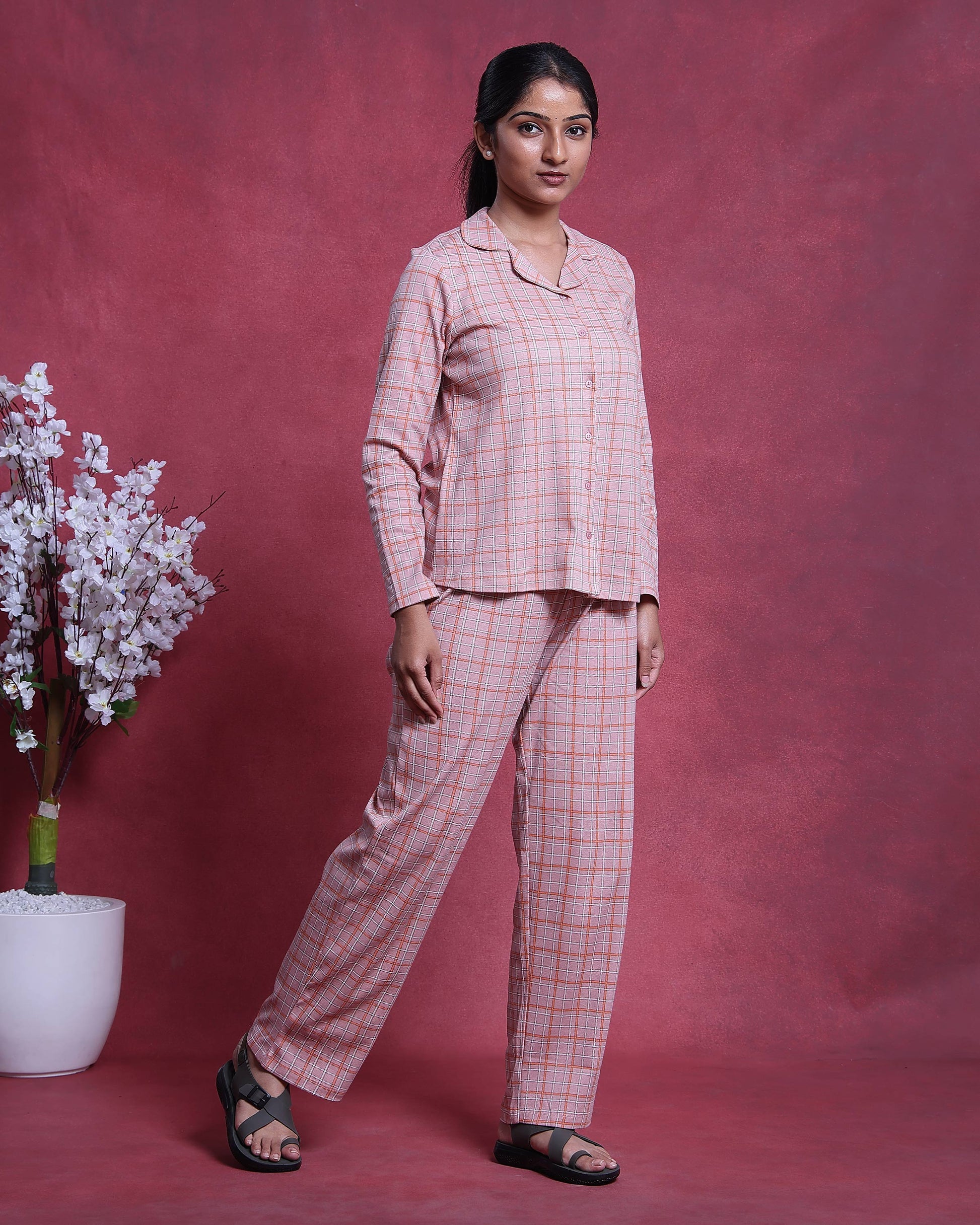 Women’s Cotton Striped Nightwear Set Short Sleeve Round Neck Top with Full Length Pajama Pants, Peach