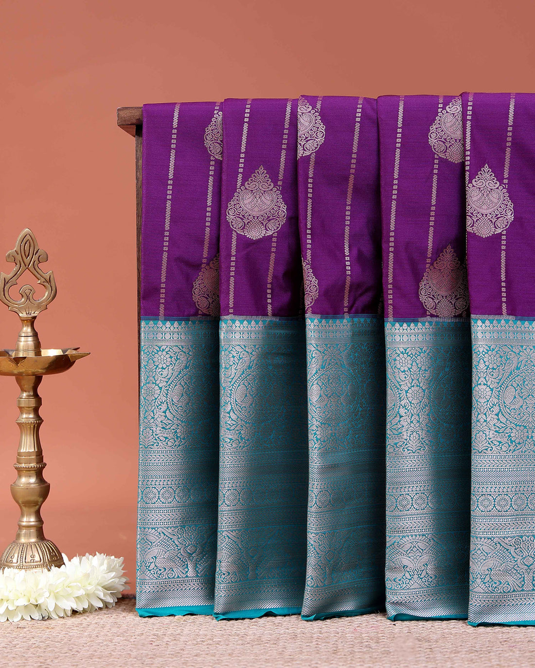 Traditional Niranjana Silk Saree Vertical Zari Motif Lines and Grand Brocade Border - Purple
