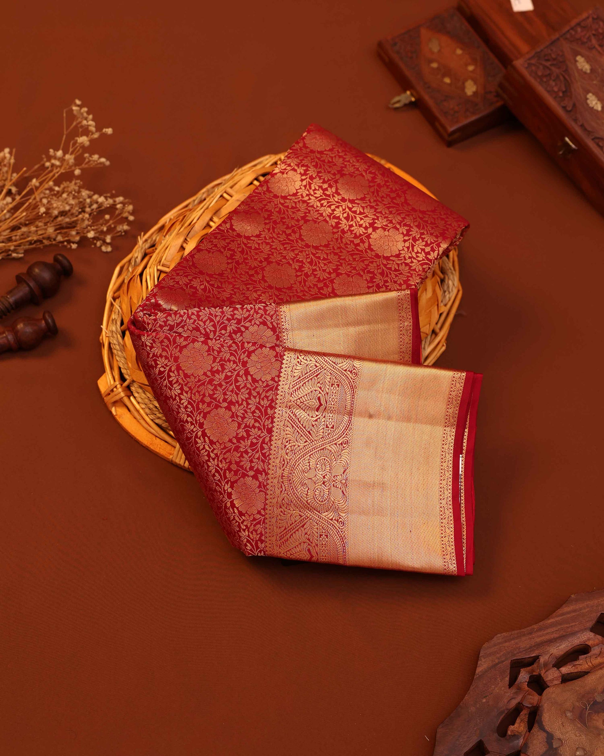 Niranjana Silk Saree with Intricate Zari Weave & Rich Brocade Border - Red