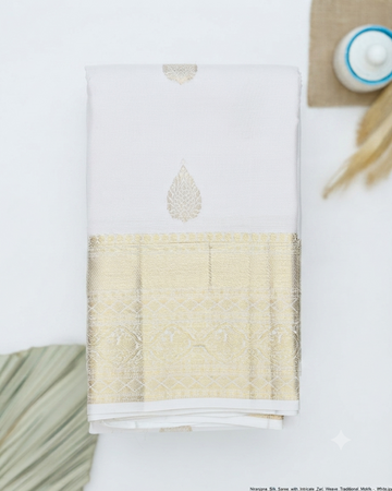 Niranjana Silk Saree with Intricate Zari Weave & Traditional Motifs - White