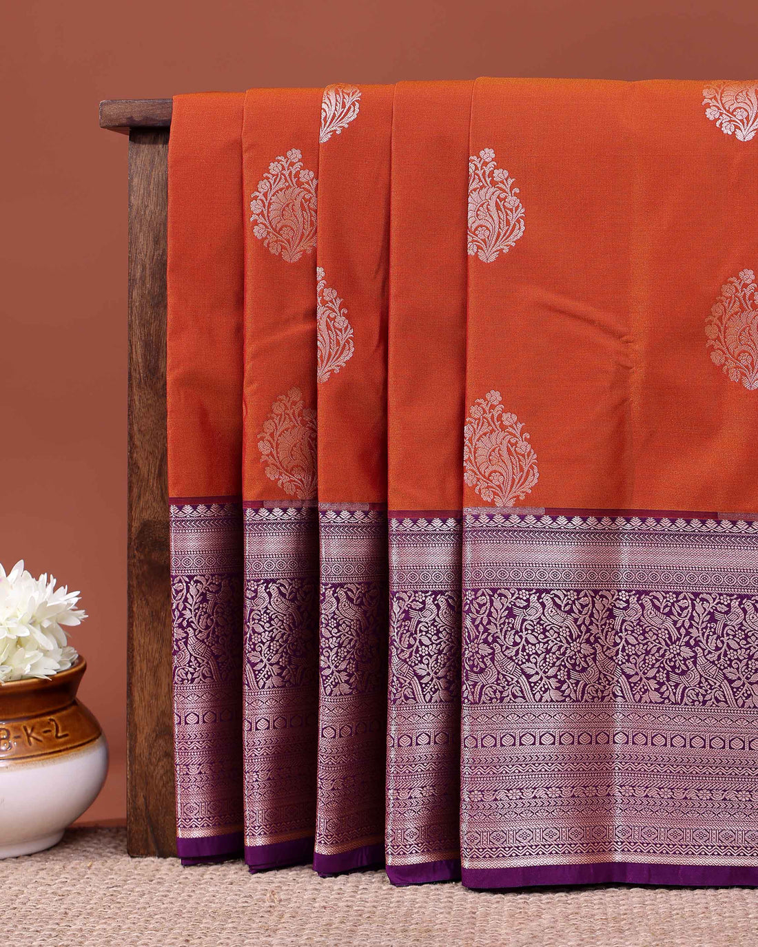 Elegant Niranjana Silk Saree with Traditional Woven Buttas and Contrasting Zari Pallu - Orange
