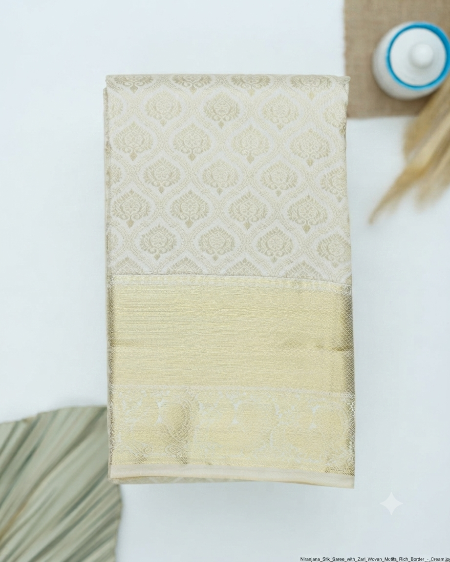 Niranjana Silk Saree with Zari Woven Motifs & Rich Border - Cream