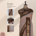 Kanchi Cotton Saree With Zari Border In Beige Color Traditional Motifs And Tassels Front View On Mannequin
