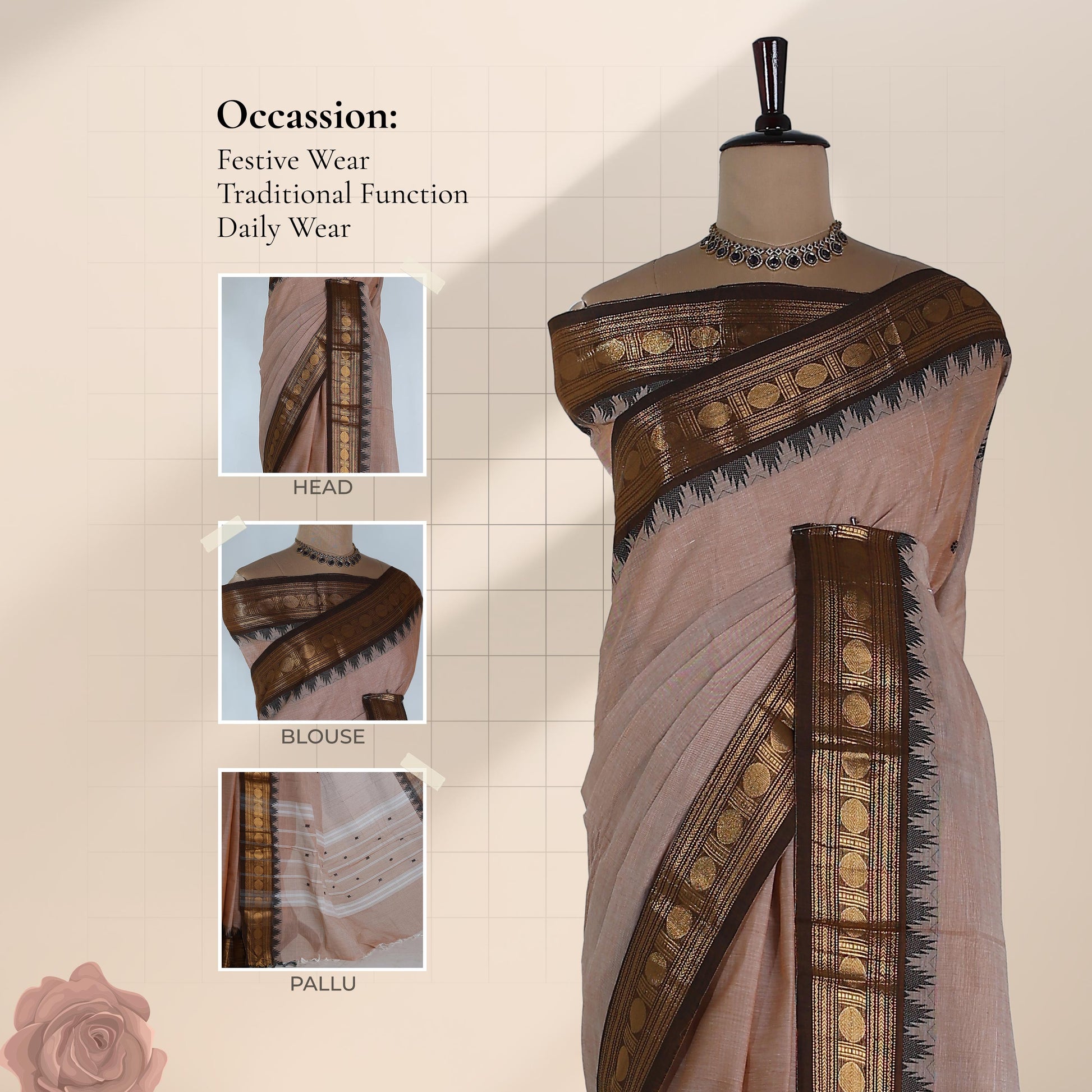 Kanchi Cotton Saree With Zari Border In Beige Color Traditional Motifs And Tassels Front View On Mannequin
