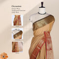Beige Kanchi Cotton Saree With Gold Border And Rust Red Pallu Full Length Front Mannequin View
