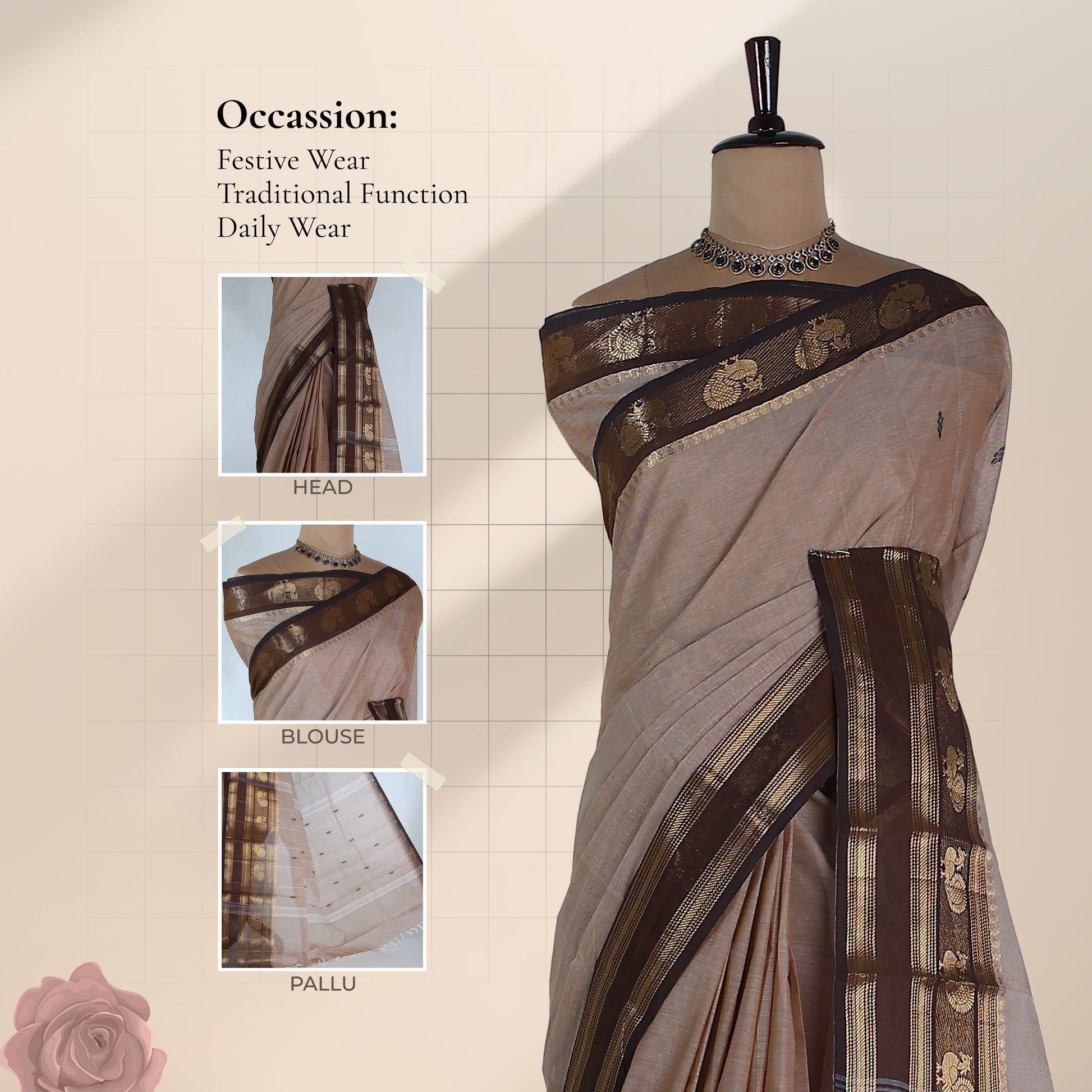 Traditional Kanchi Cotton Saree In Beige With Dark Brown Zari Woven Border Full Front Drape View
