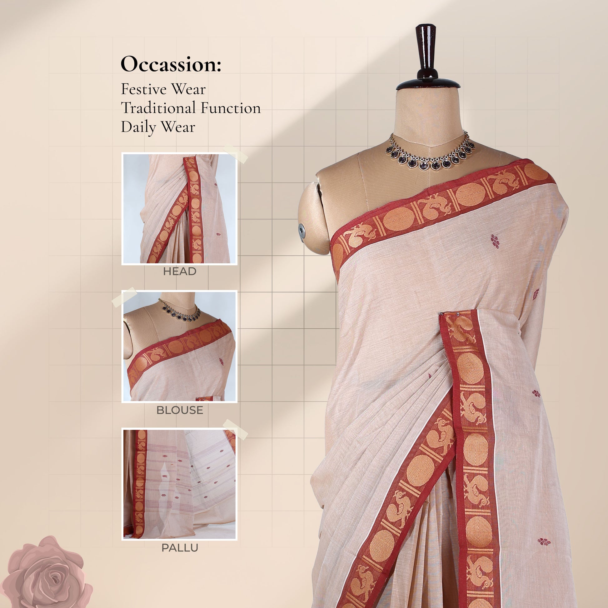 Kanchi Cotton Saree With Red Zari Border And Woven Motifs In Beige Draped On Mannequin Front View
