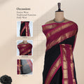 Kanchi Cotton Saree With Black Body And Magenta Gold Zari Border Elegantly Draped On Mannequin Front View
