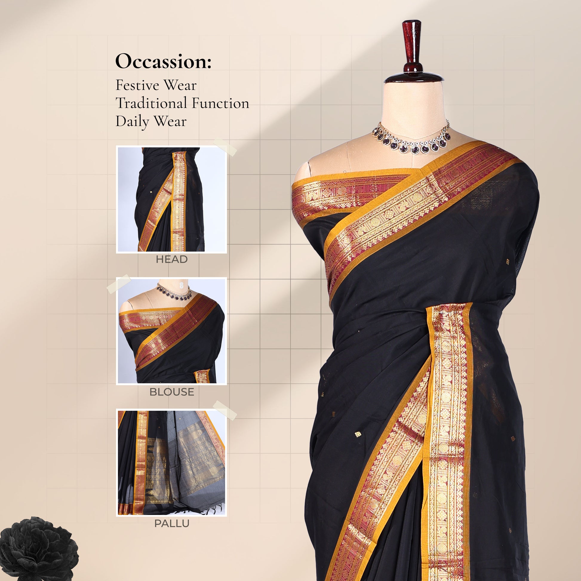 Kanchi Cotton Saree With Elegant Black Drape And Gold Zari Border Front View Displayed On Mannequin

