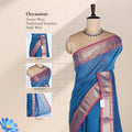 Kanchi Cotton Saree With Shimmering Gold Zari Border And Contrast Purple Edging Royal Blue Color Front Drape View
