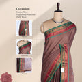 Kanchi Cotton Saree With  Brown Body Contrasting Green And Maroon Zari Border Draped On Mannequin Front View
