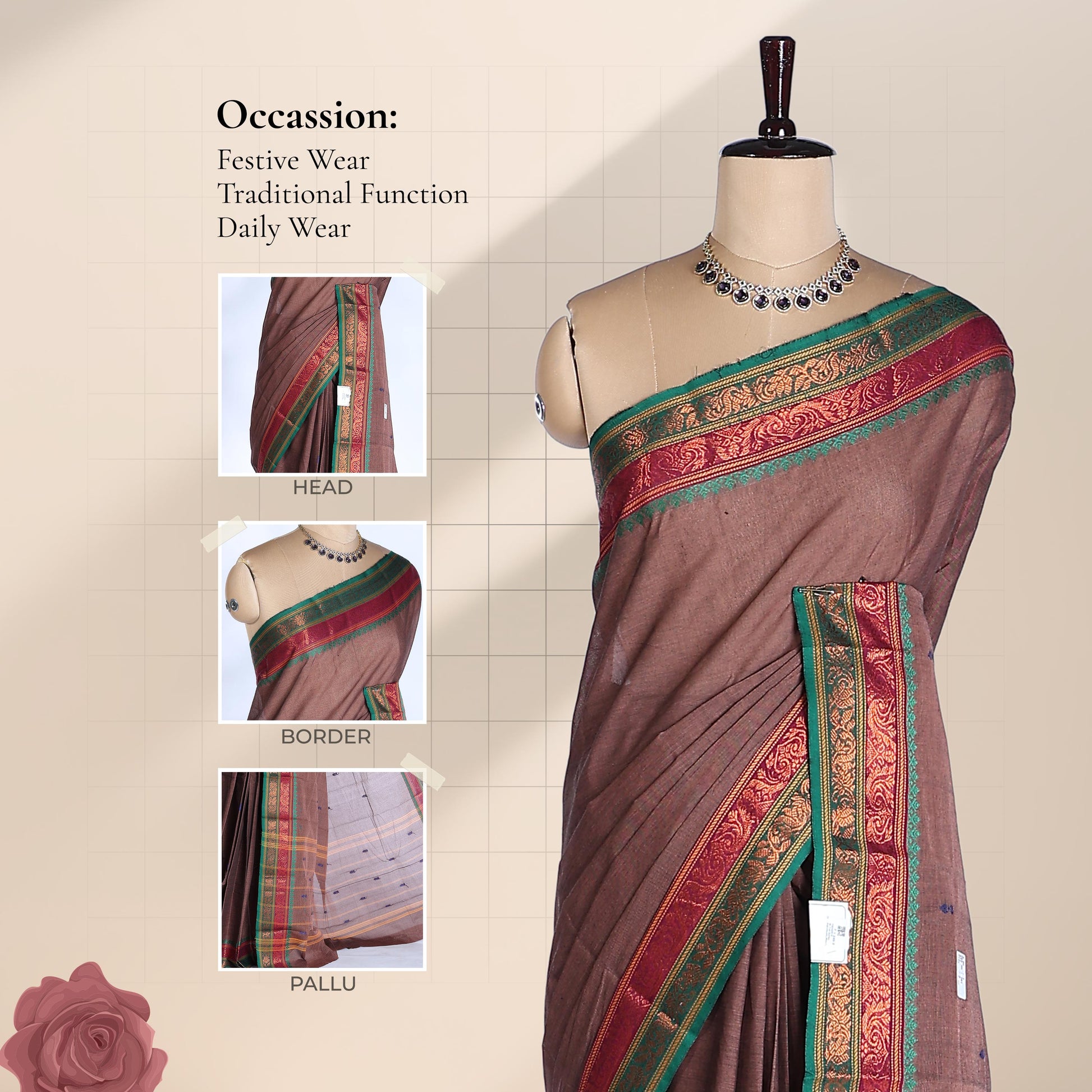 Kanchi Cotton Saree With  Brown Body Contrasting Green And Maroon Zari Border Draped On Mannequin Front View
