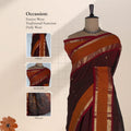 Kanchi Cotton Saree With Rich Maroon Body Orange Border And Gold Zari Detailing Front View Draped On Mannequin With Pallu
