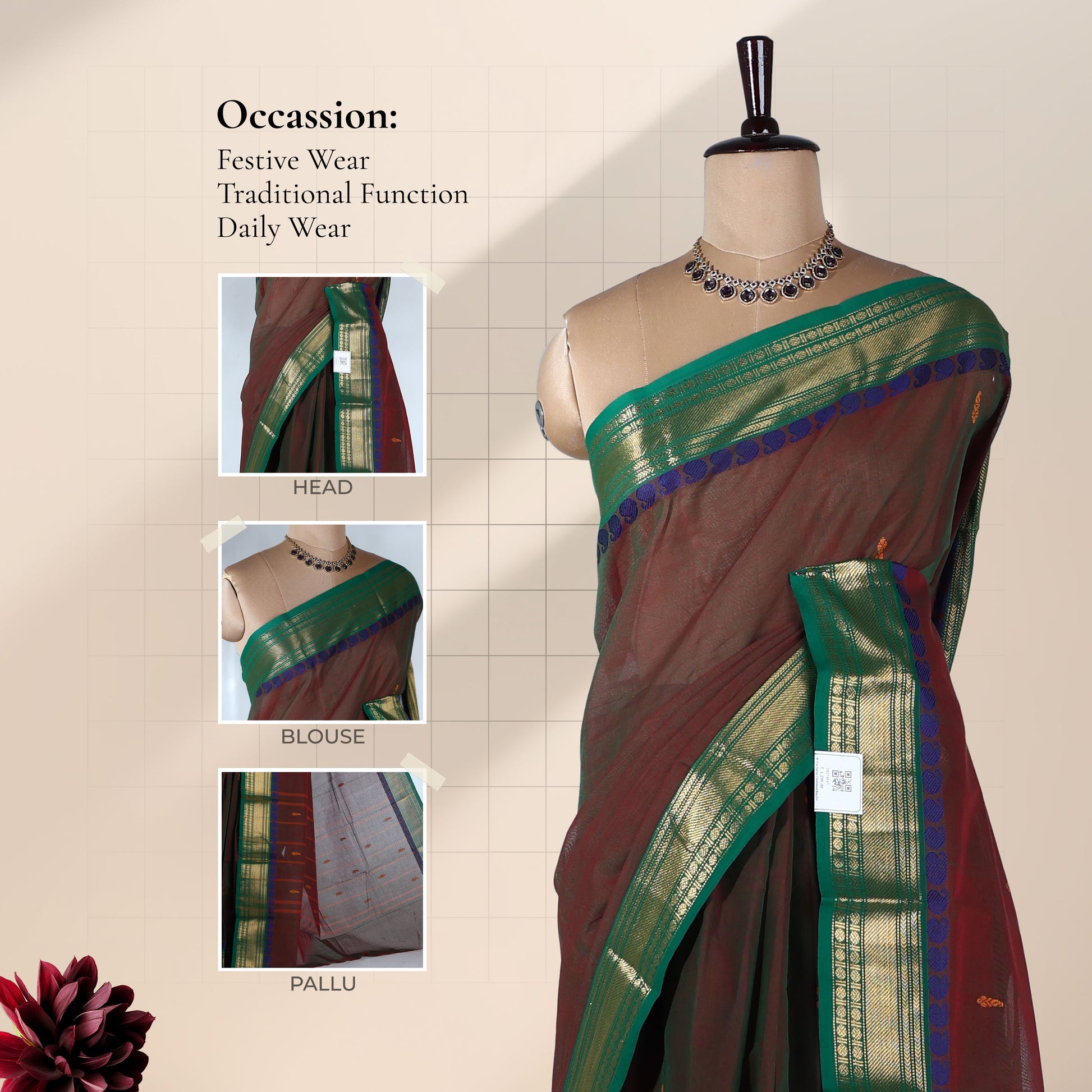 Kanchi Cotton Saree With Gold Zari Border In Brown And Green Front View On Display Mannequin
