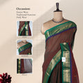 Kanchi Cotton Saree With Gold Zari Border In Brown And Green Front View On Display Mannequin
