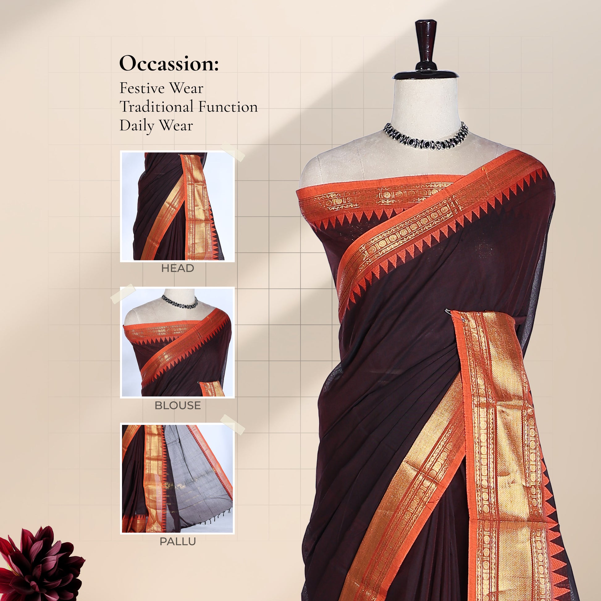 Kanchi Cotton Saree With Gold Zari Border And Red Orange Temple Design Deep Brown Color Front View Display
