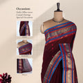 Chettinad cotton saree with striped body peacock zari woven border purple tone front draped mannequin view.