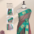 Chettinad cotton saree with checked body elephant zari border in maroon and green front draped mannequin view.
