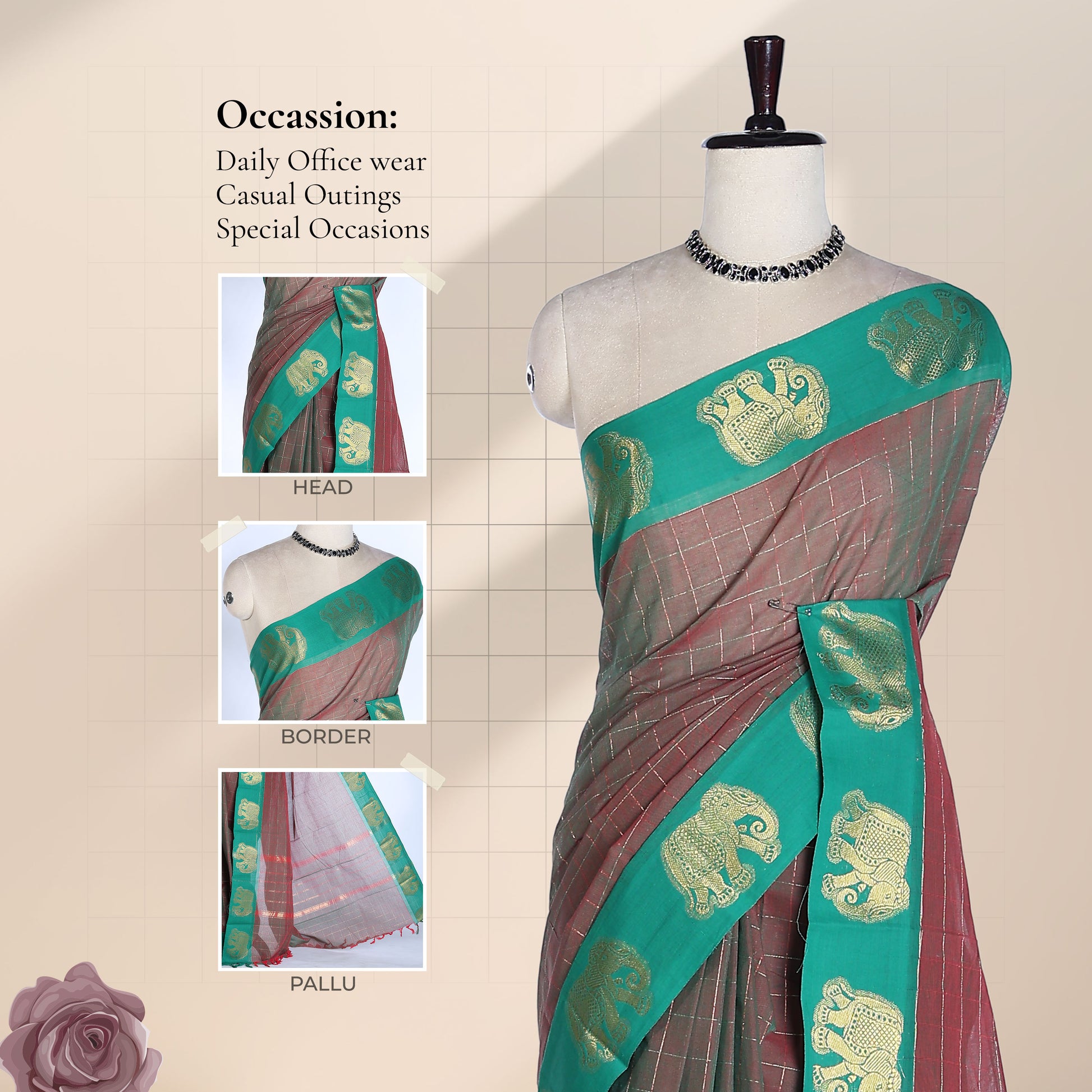 Chettinad cotton saree with checked body elephant zari border in maroon and green front draped mannequin view.