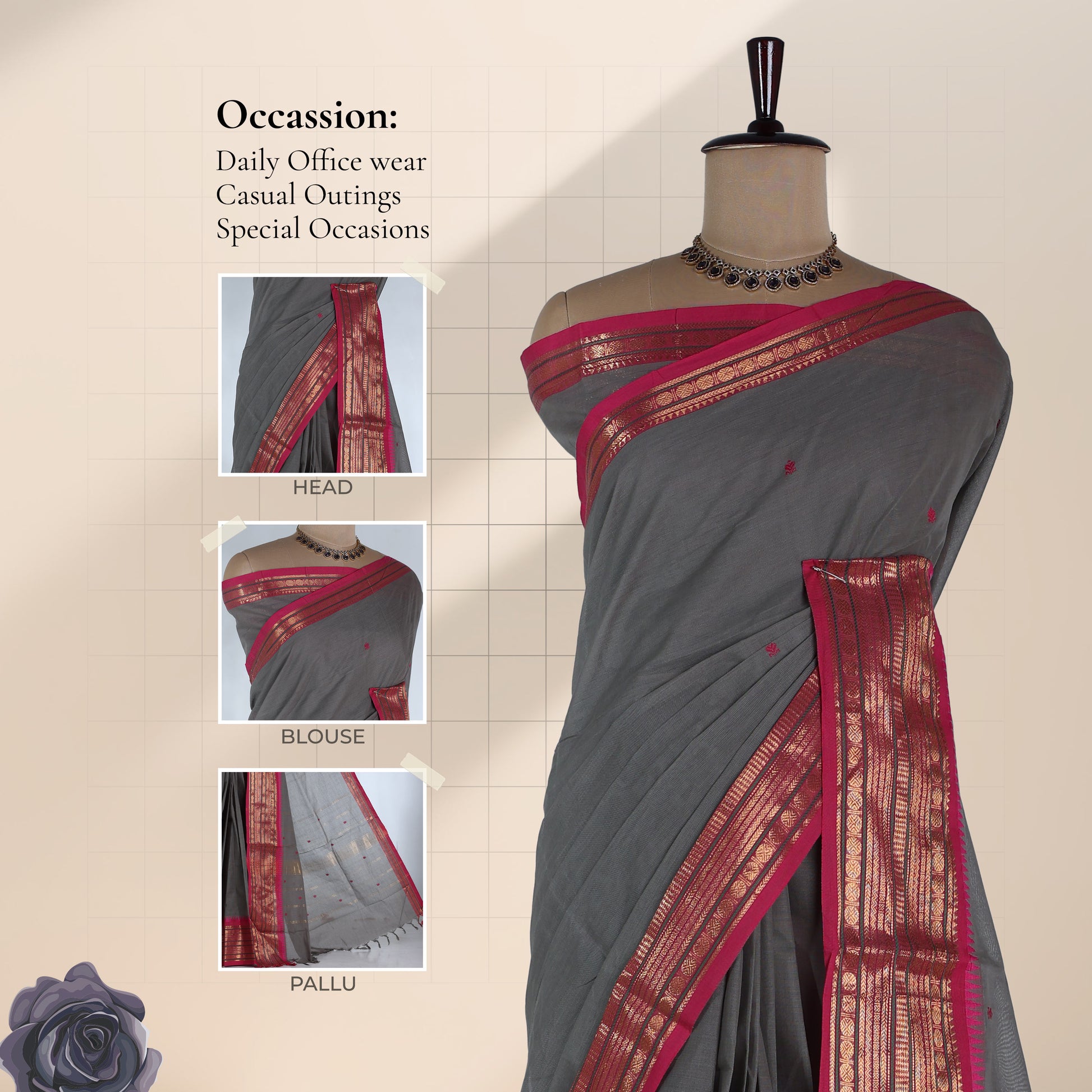 Chettinad cotton saree with grey body and contrast pink Korvai zari border front draped mannequin view.
