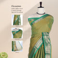 Chettinad cotton saree with light green body and contrast green Korvai zari border front draped mannequin view.