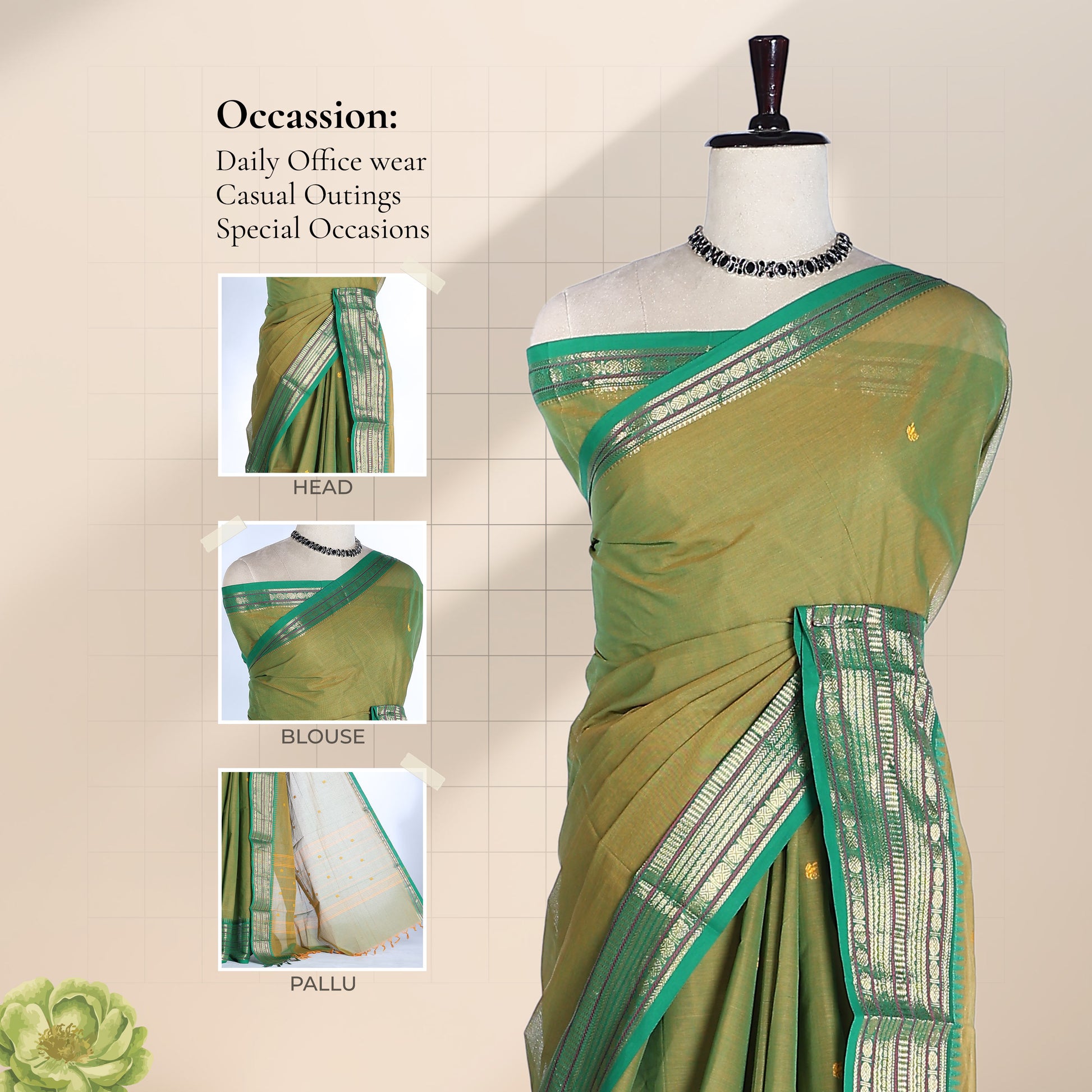 Chettinad cotton saree with light green body and contrast green Korvai zari border front draped mannequin view.