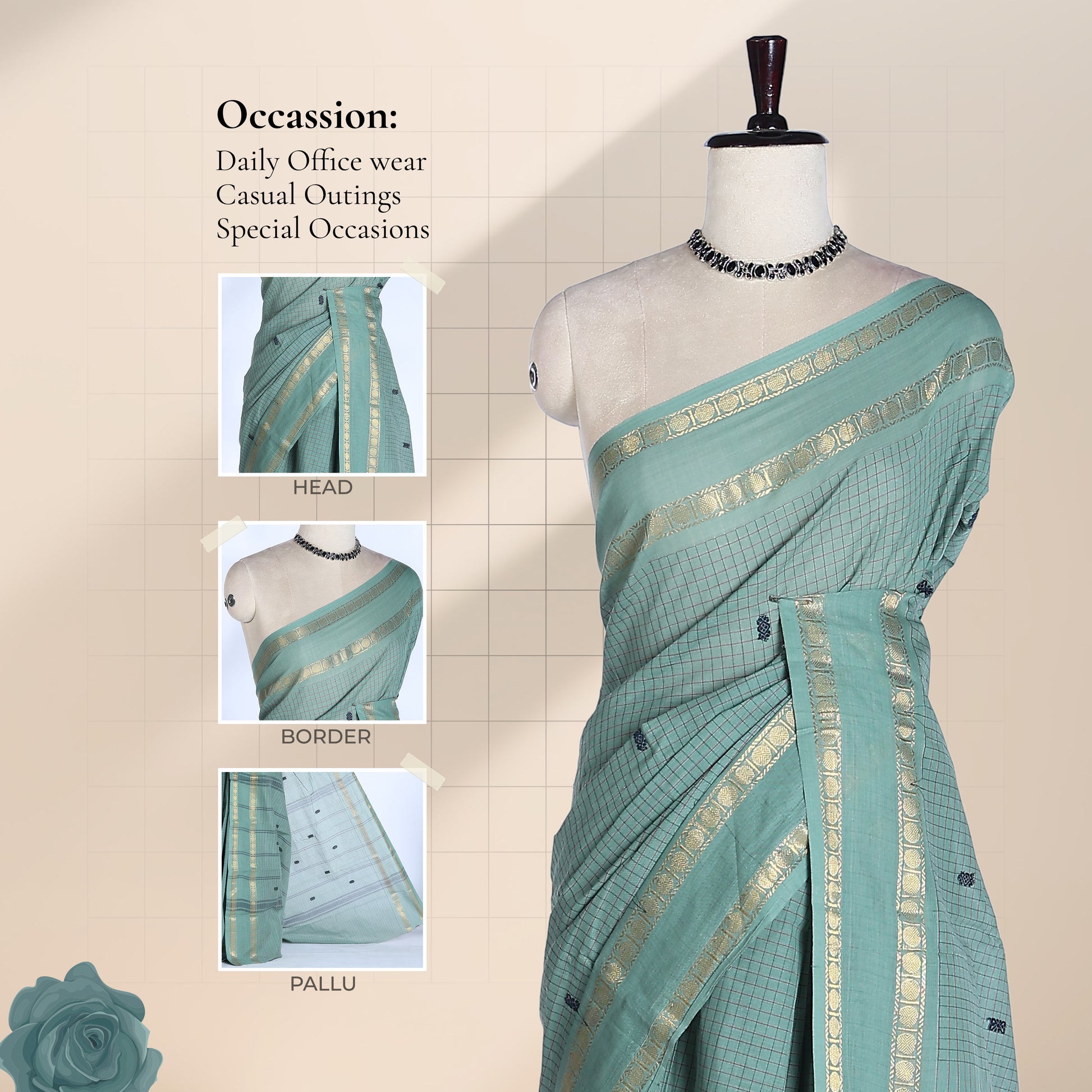 Chettinad cotton saree with elegant zari border and checked body with woven butta motifs light green front draped view