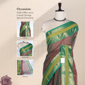 Chettinad cotton saree with checked body peacock zari woven border contrast pallu and front draped mannequin view.