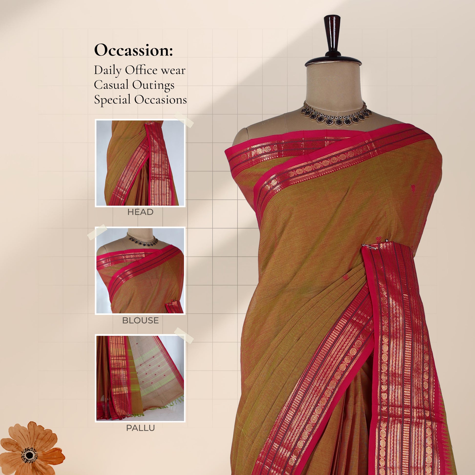 Chettinad cotton saree with olive green body and contrast pink Korvai zari border front draped mannequin view.